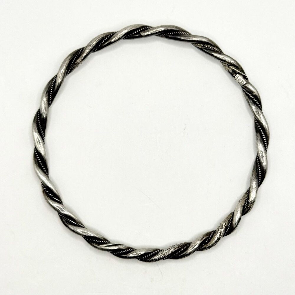 Vintage Sterling Silver Twisted Rope Bangle Bracelet Cuff Signed 925 18g 8.5 in